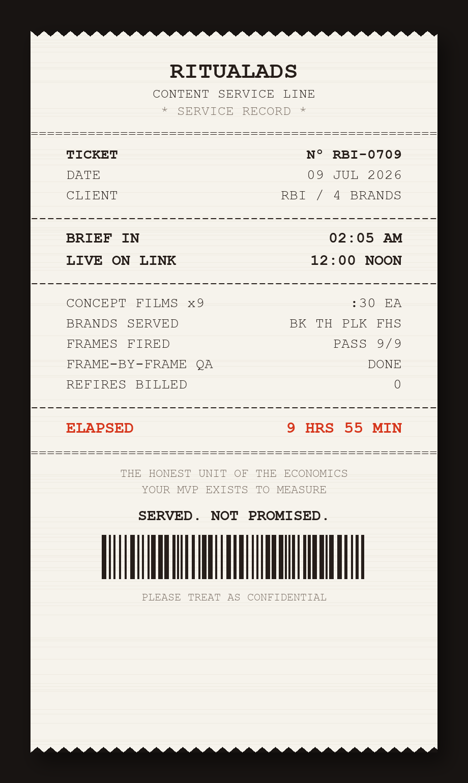 A printed service record: brief in at 2:05 AM on 9 July, nine 30-second concept films live on this link by noon, zero refires billed