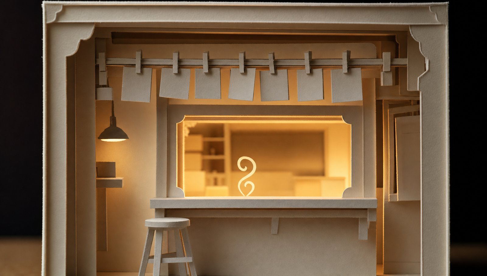 The service hatch as a backlit layered paper-cut diorama