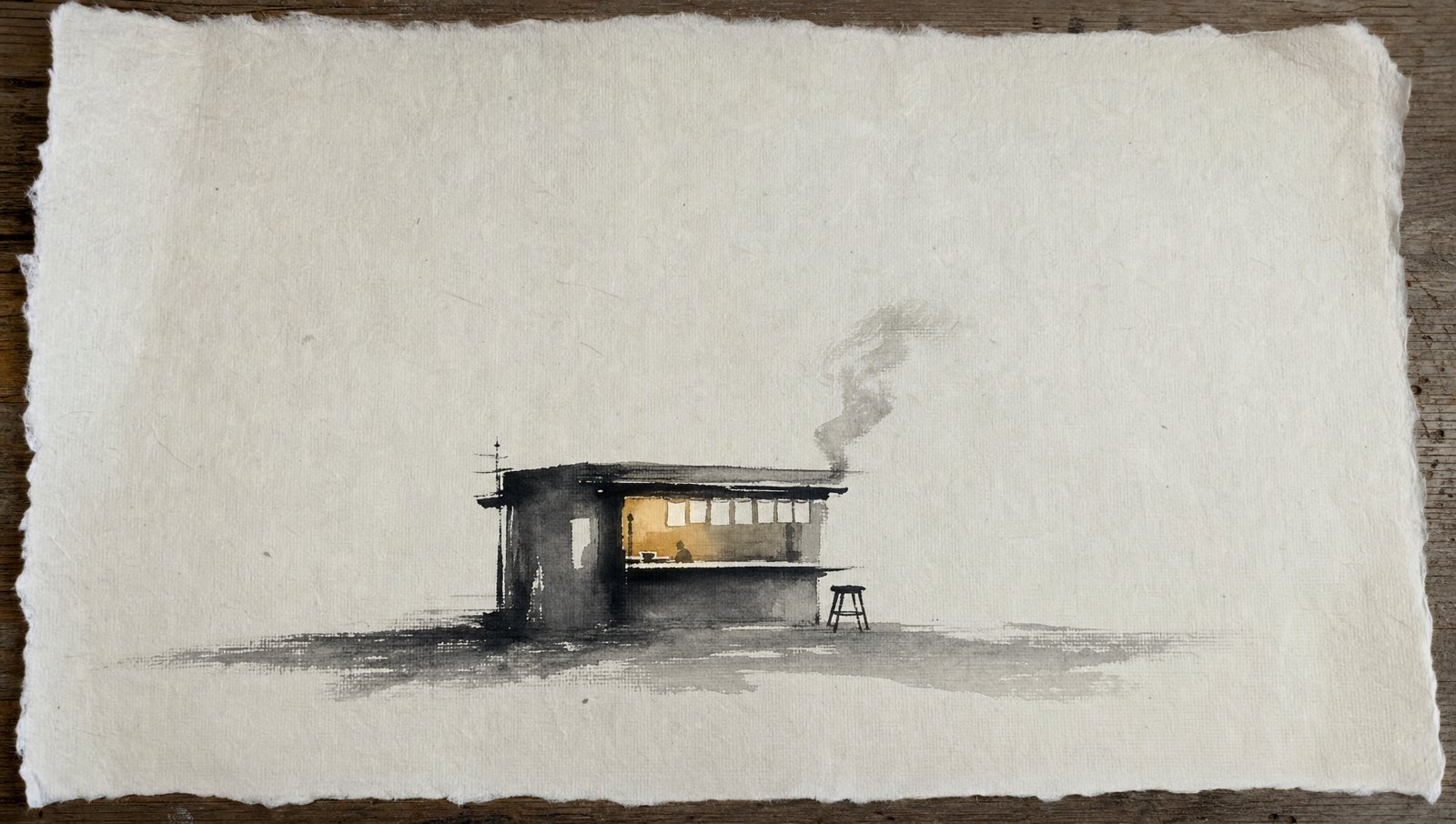The service hatch as a minimal ink wash painting on rice paper