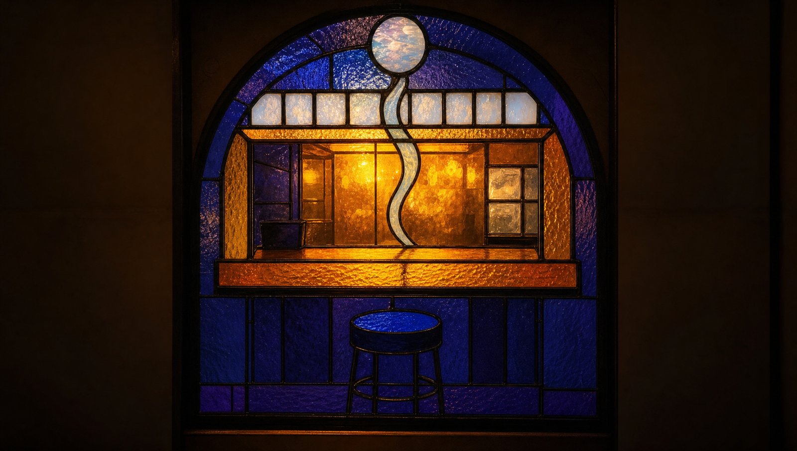 The service hatch as a backlit stained glass panel