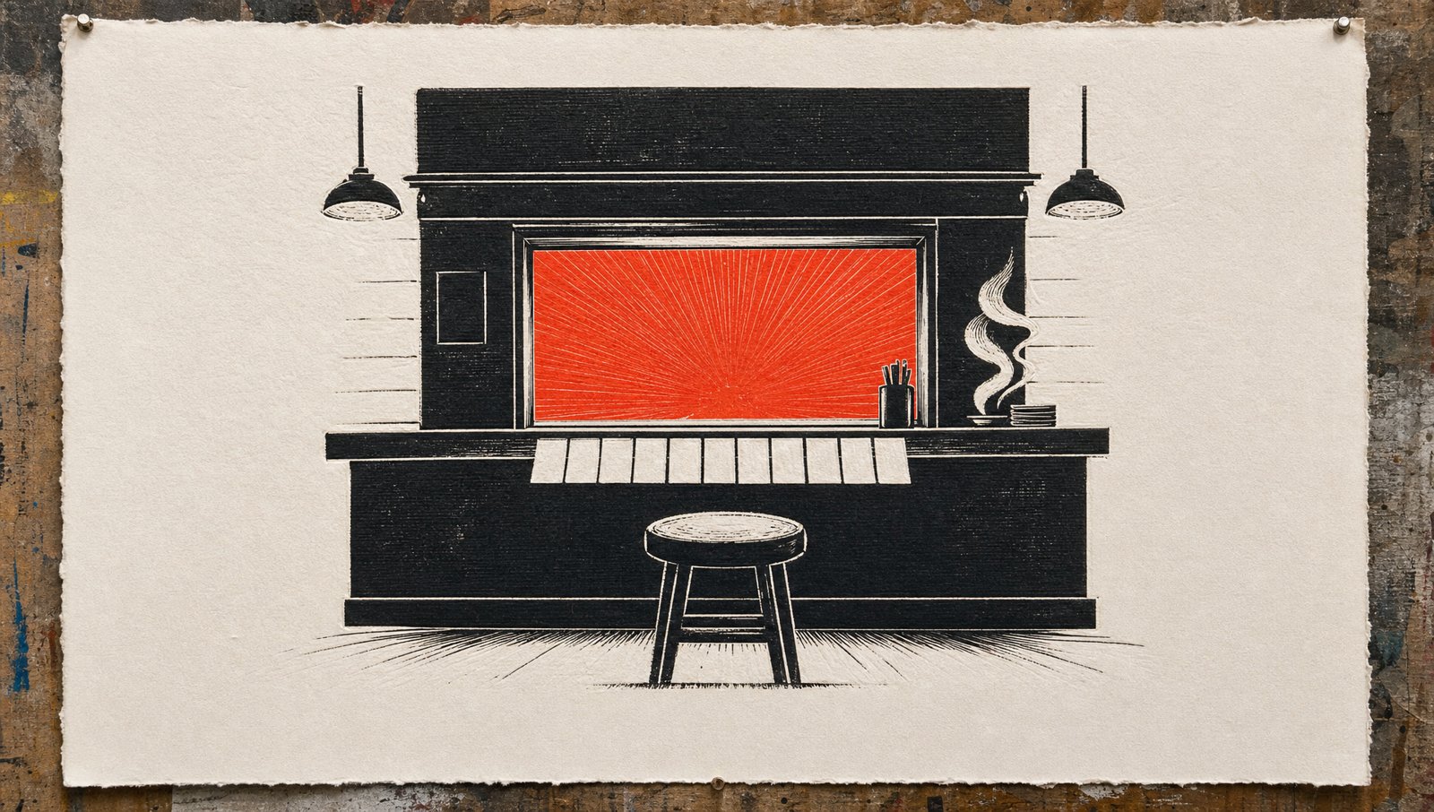The service hatch as a two-ink woodblock print
