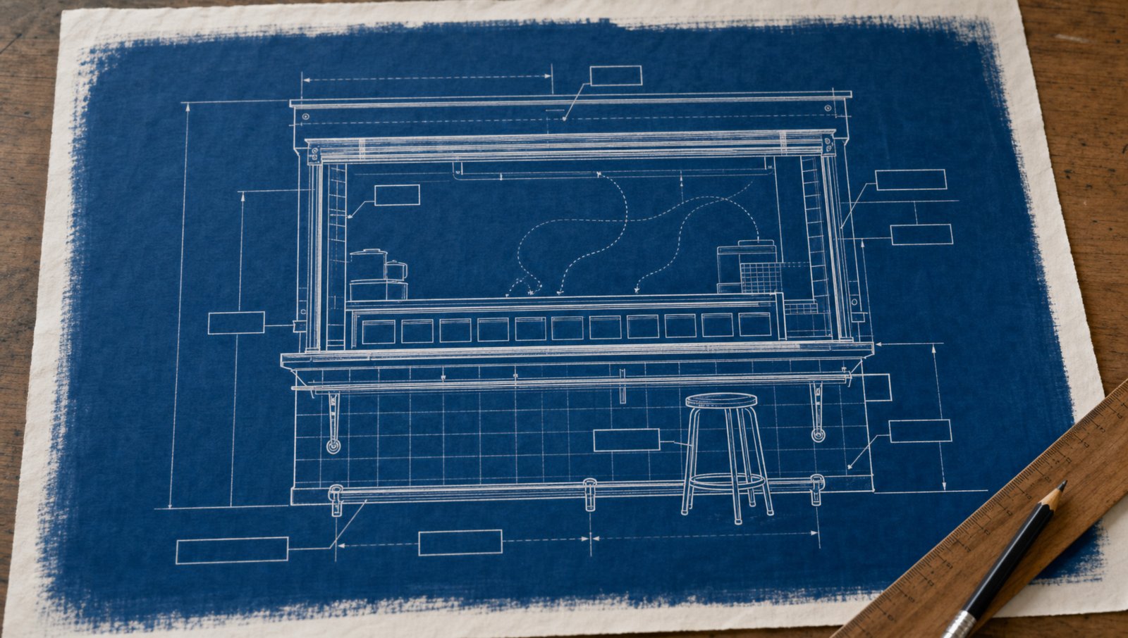 The service hatch as a cyanotype blueprint elevation