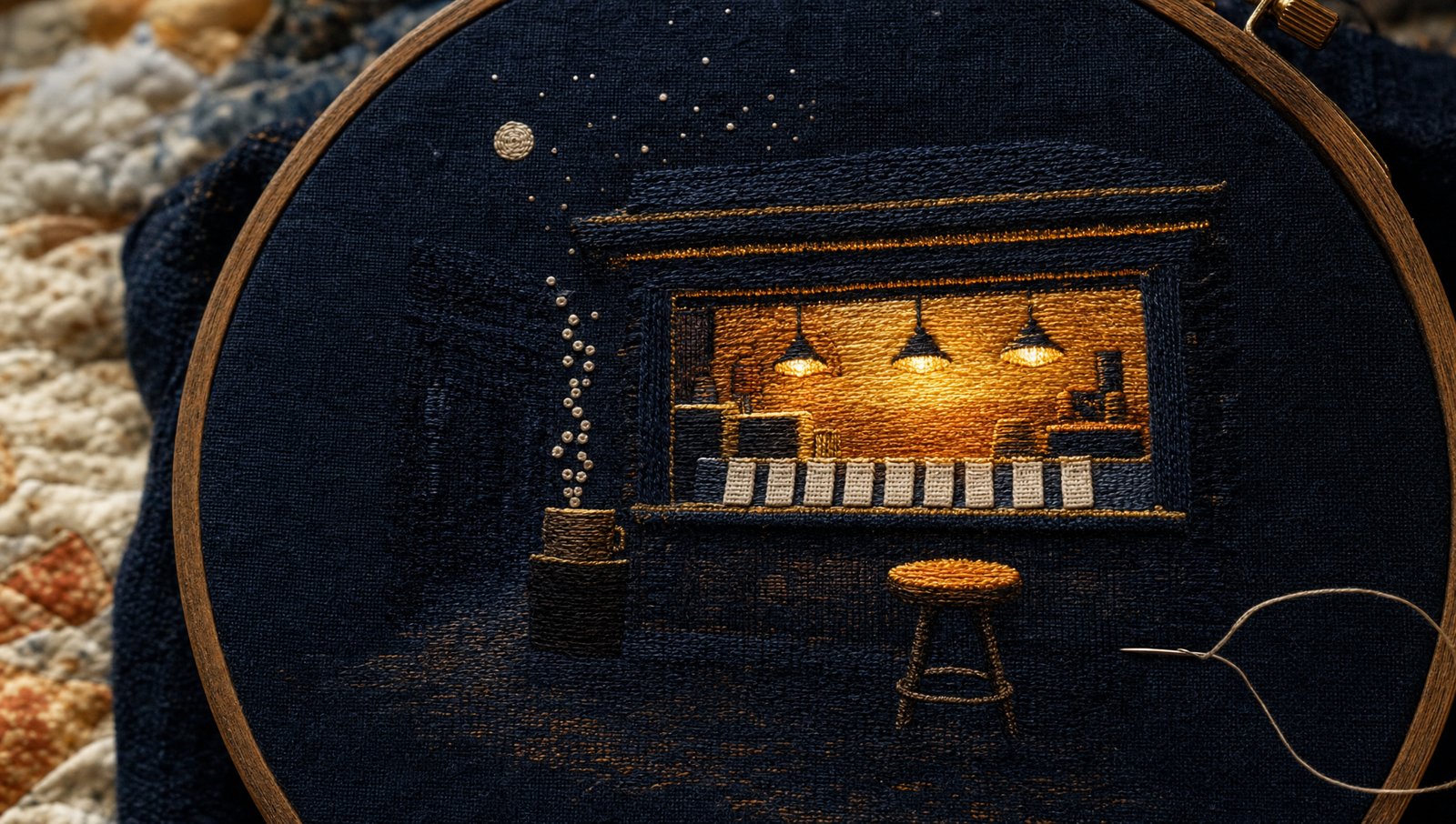 The service hatch stitched as embroidery in a wooden hoop