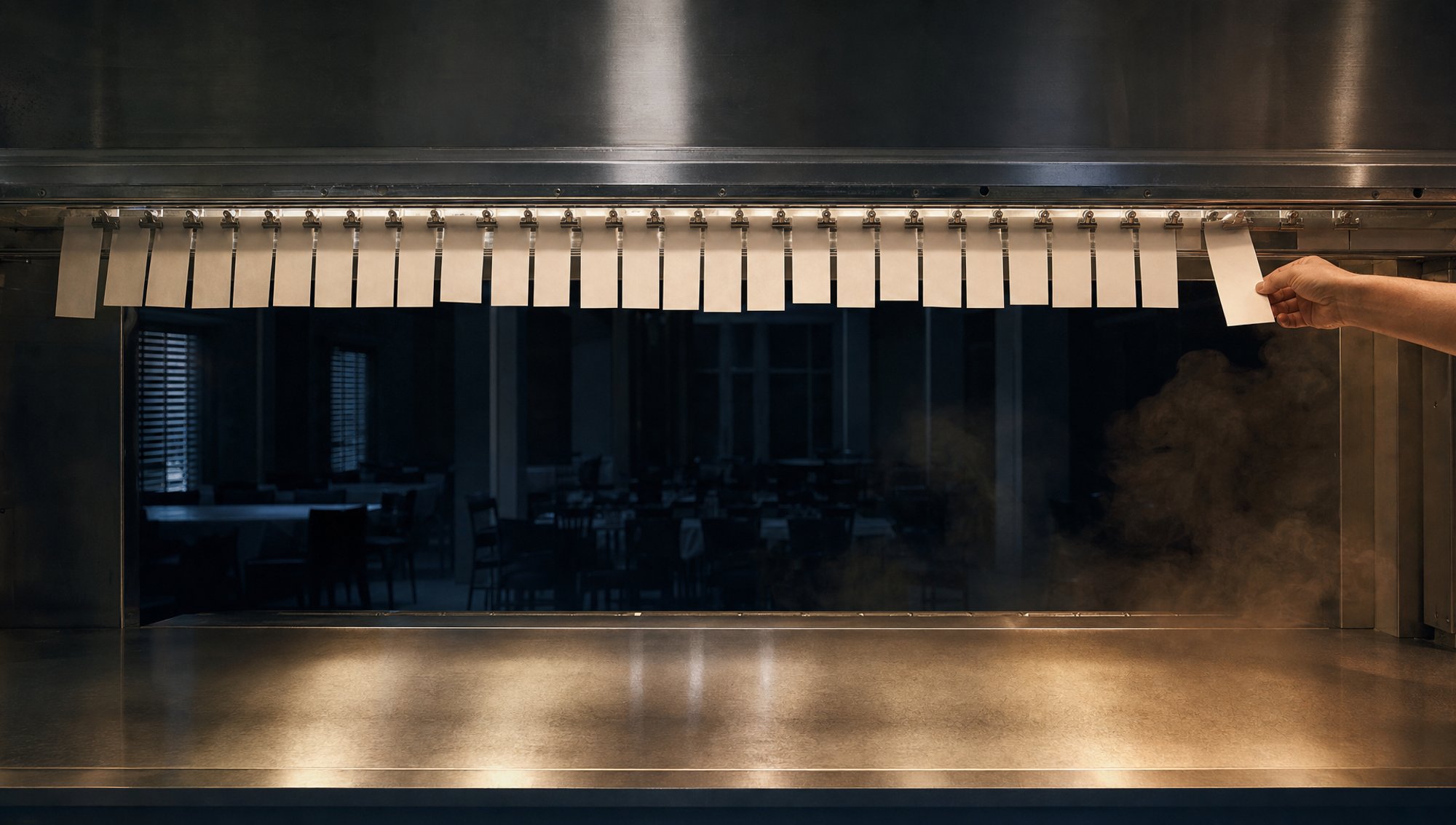 A night service pass: blank order tickets along the rail over an empty lamp-lit counter