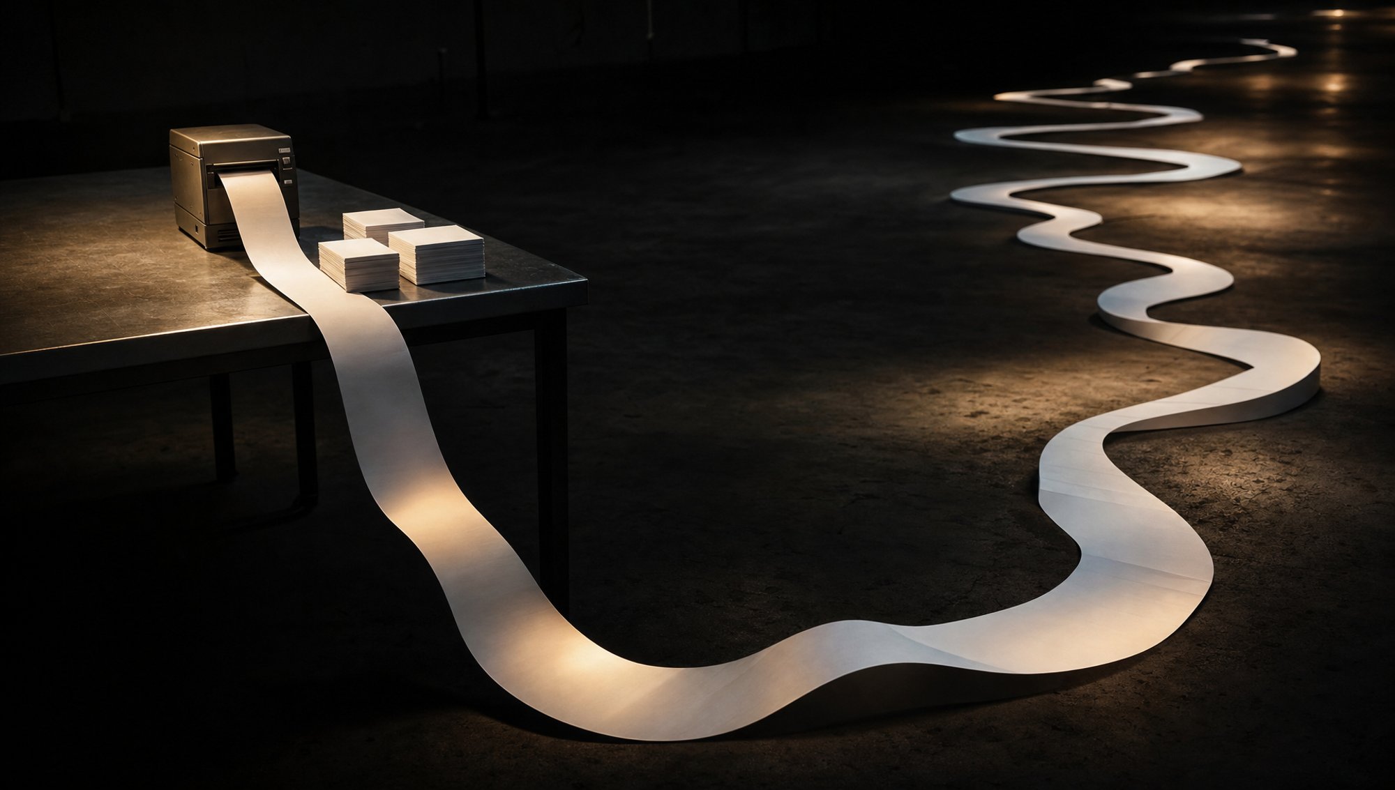 An unbroken thermal ribbon flows off a steel table and winds into darkness beside three neat finished stacks of tickets