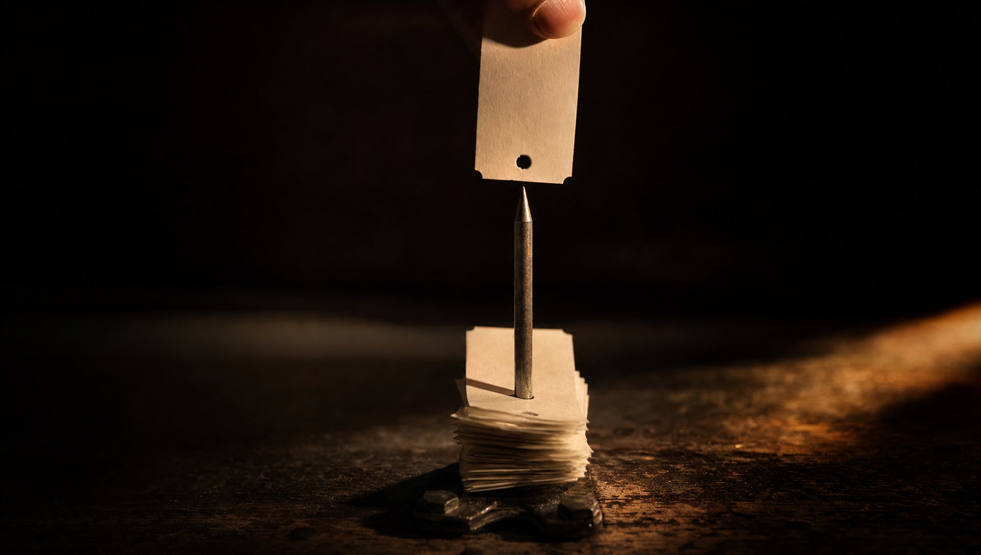 A steel ticket spike with a stack of killed tickets, one more descending toward the point