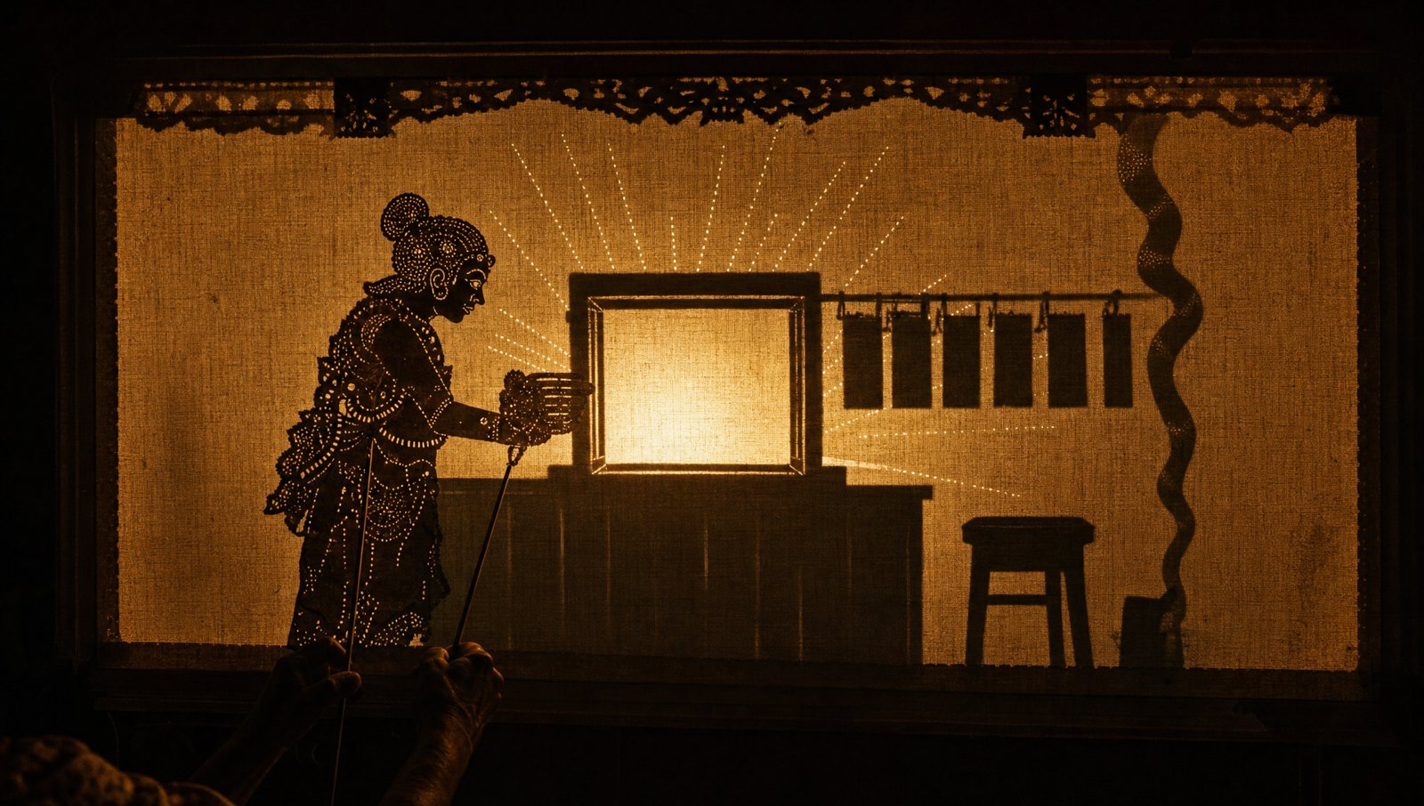 The service hatch as a backlit shadow theatre puppet on a linen screen