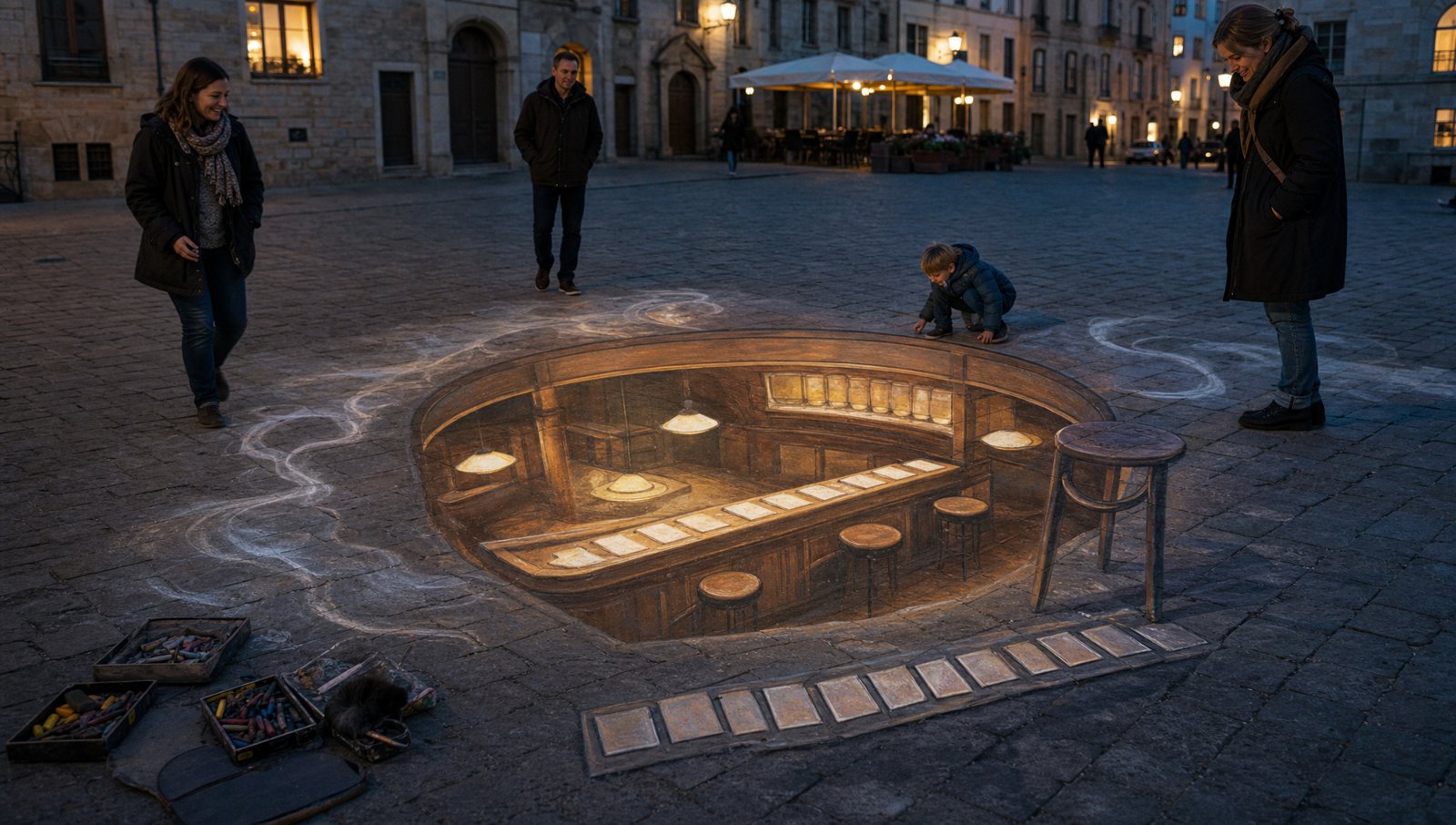 The service hatch as a giant anamorphic chalk illusion sunk into a town square