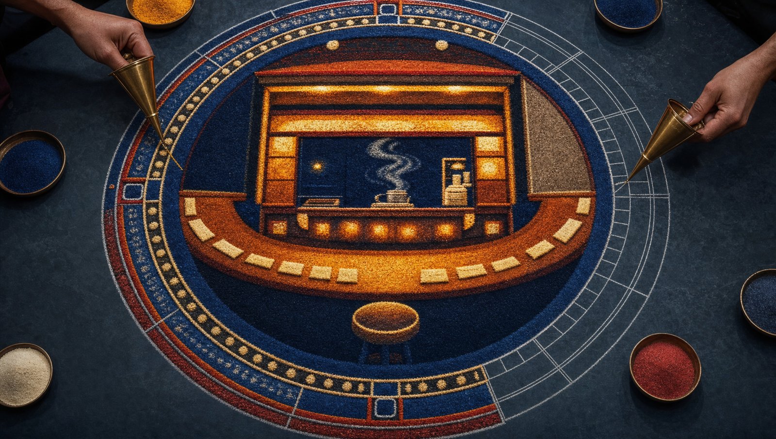 The service hatch as a circular sand mandala mid-pour, seen from above