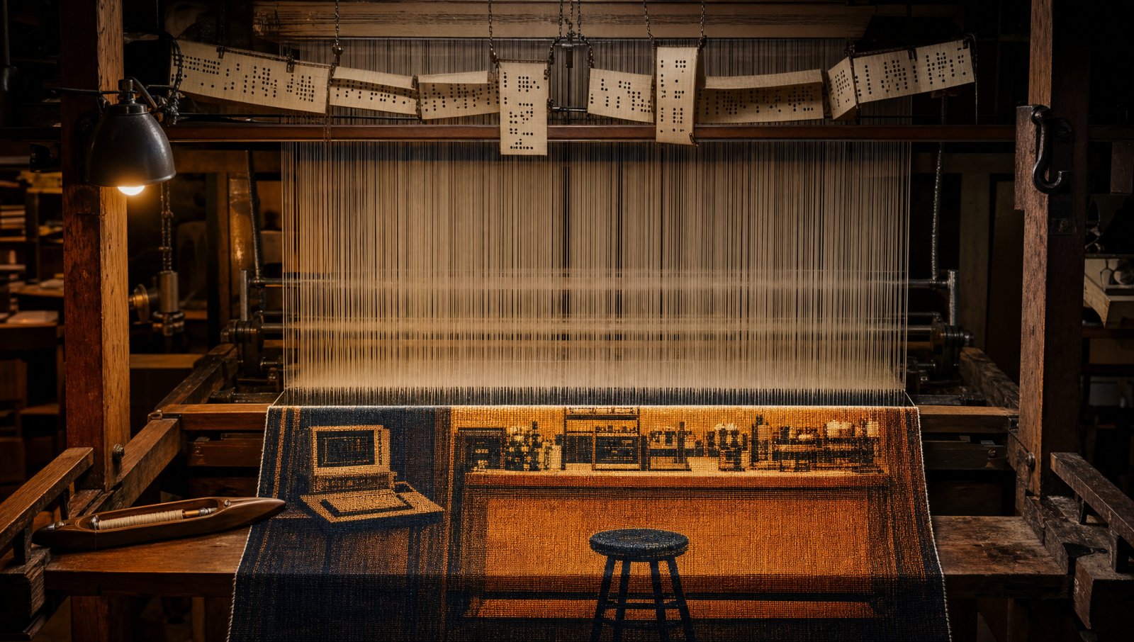 The service hatch emerging half-woven from a jacquard loom with punch cards