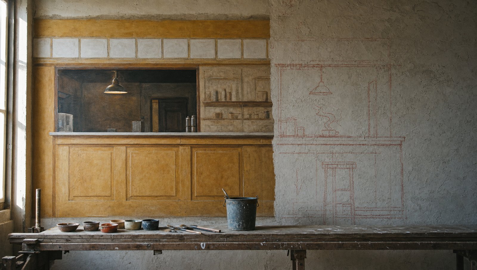 The service hatch as a half-painted fresco on wet plaster with scaffold and pigments